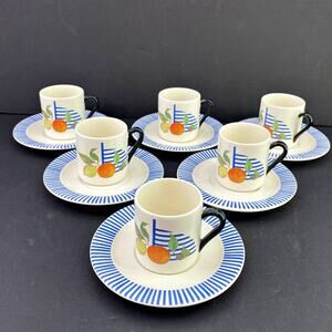 Set of 6 La Ronde Des Fruits Gien France Espresso Coffee Demi Cups Saucers